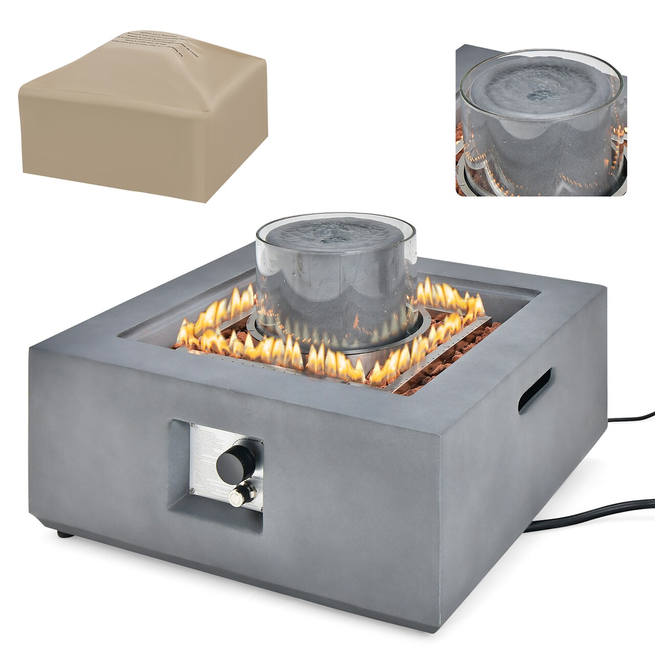 Costway 28'' Patio Fountain Fire Pit Table 50,000 BTU Square Propane Fire Pit withPVC Cover